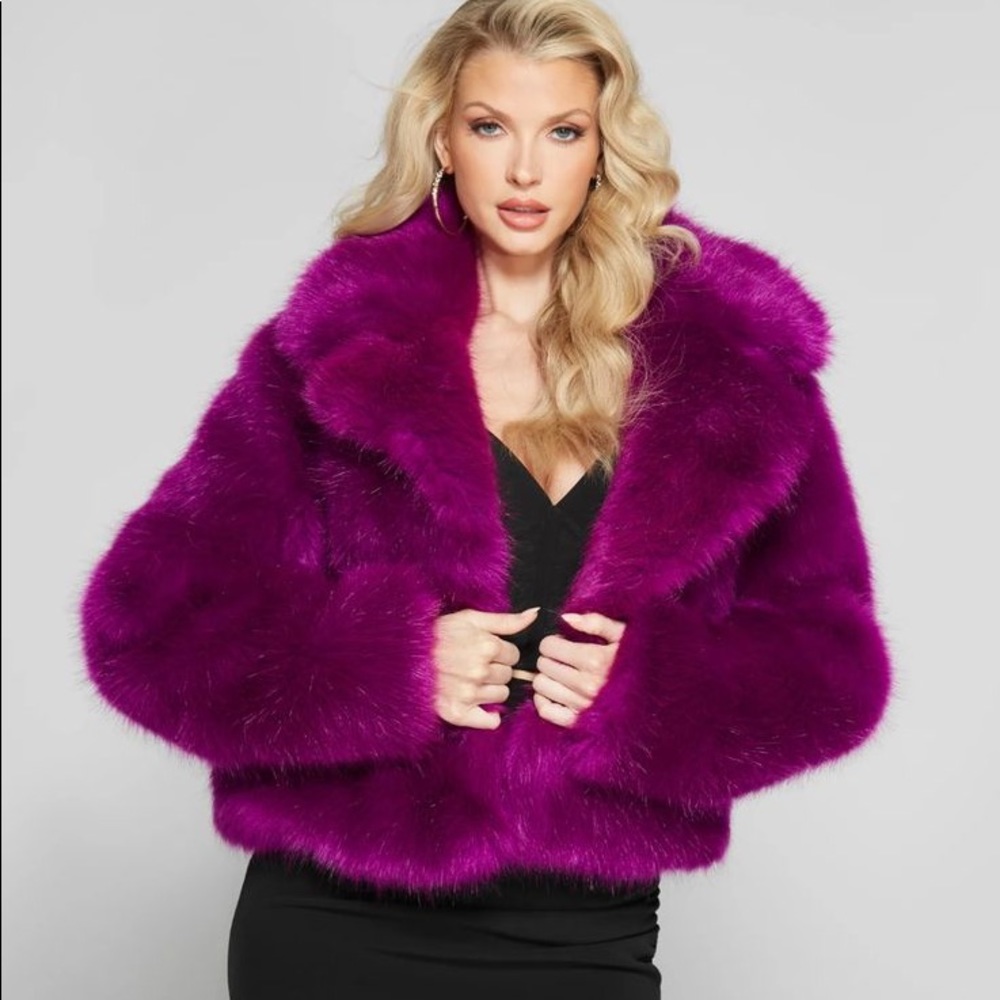 Guess Plum Cropped Fur Jacket